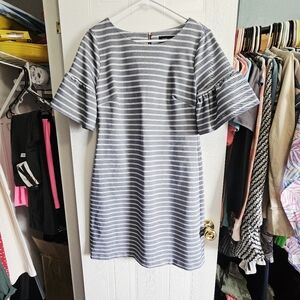 Striped Blue and White Dress with Flared Sleeves